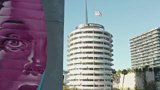 Poitier & Garland Mural at Hollywood & Vine, Capitol Records in View Drone b roll Los Angeles (4K)