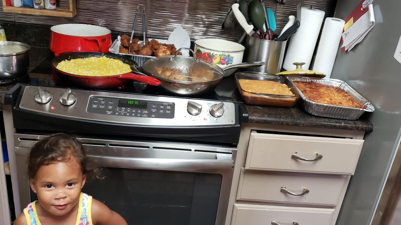 Sunday Dinner:  Pan Fried Chicken,Tangy meatballs & 3 delicious veggie sides with rice & Cornbread!