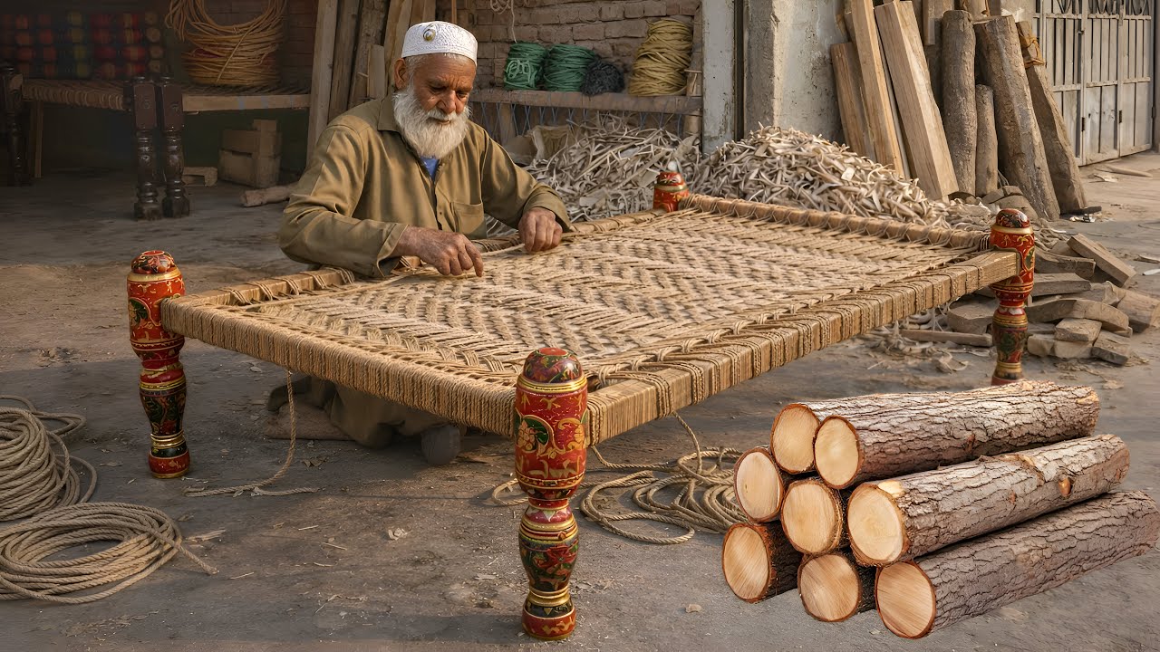 Making Traditional Rope Bed | Handcrafted Wooden Cot Weaving Process ...