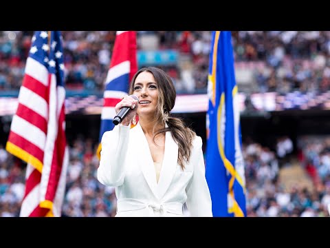 Alyssa Bonagura sings National Anthem for the Jacksonville Jaguars in London at Wembley Stadium.