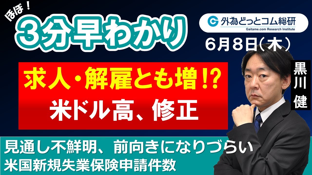 ドル/円３分早わかり「米ドル高修正、求人・解雇とも増加⁉－米新規失業保険申請件数」2023年６月８日発表