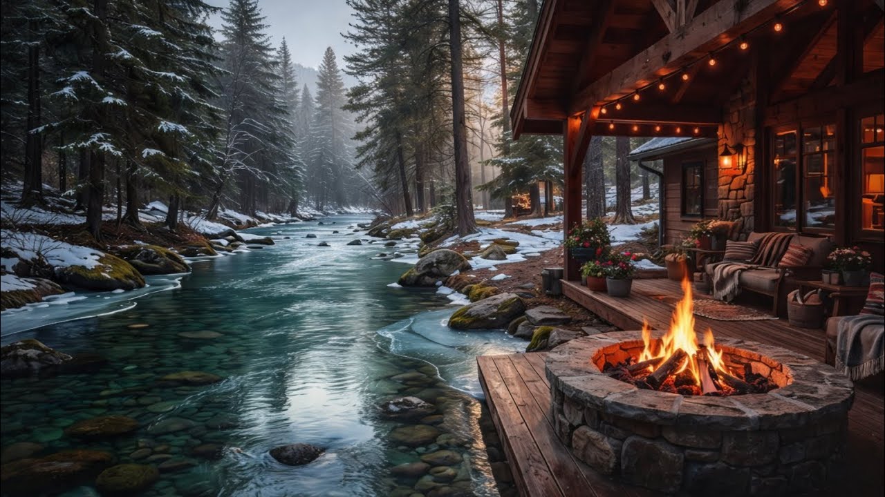 Snowy Alpine Log Cabin | Fire Crackling Fire pit & Soft Music for Relax, Study & Sleep (No Ads) 