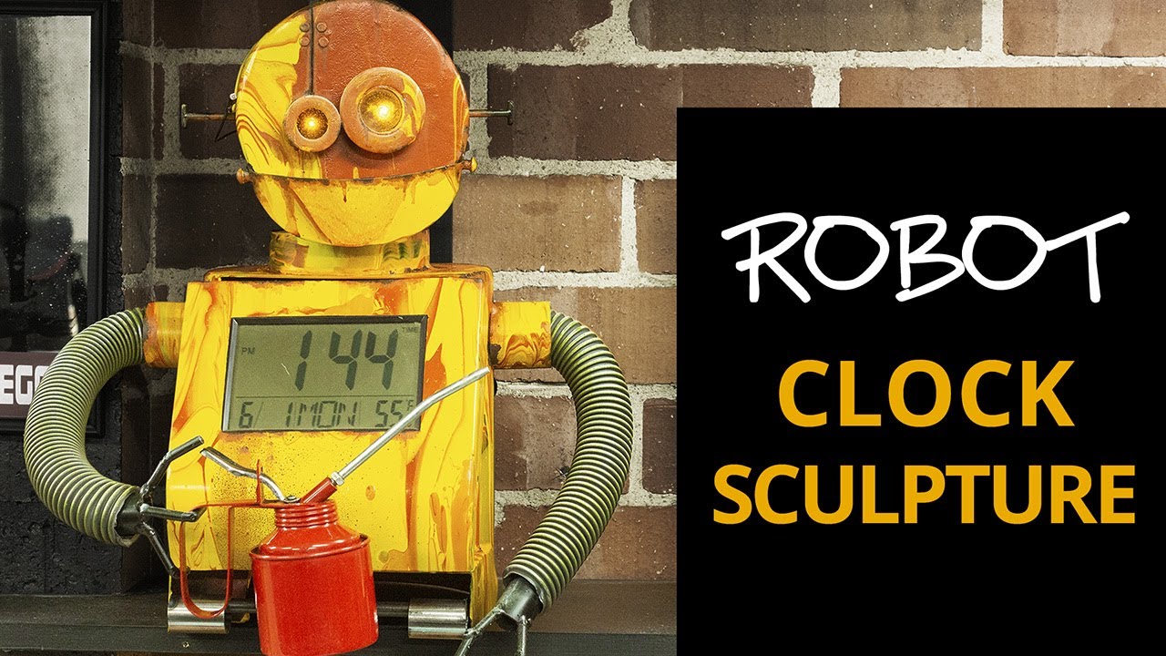 Metal robot sculpture with a digital clock and oil can holder