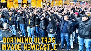 BEST & CLOSEST Footage of Dortmund Ultras March in Newcastle - TROUBLE Flares!