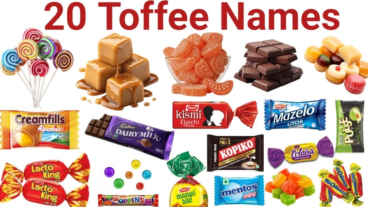 20 टॉफी 🍭 के नाम सीखें बच्चों के लिए | Learn 20 Toffee Names in English and Hindi with Picture 