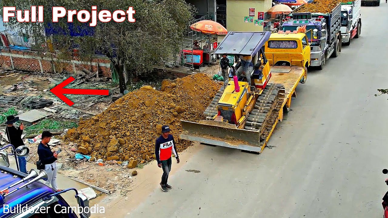 Complete100%!! Starting a new project,Landfill by bulldozer D20 Komatsu Pushing stone & 5ton truck