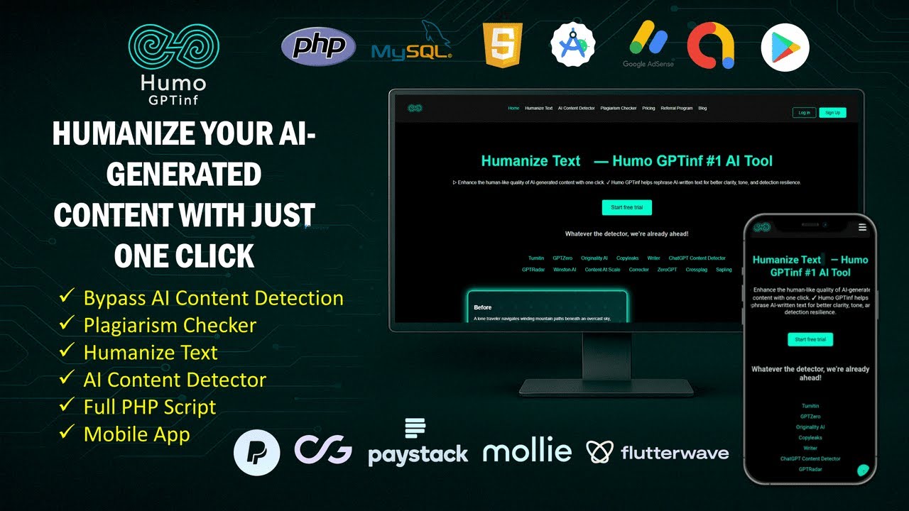 Humo GPTinf – Bypass AI Content | Plagiarism Checker | Humanize Text | AI Detector | Full PHP Script