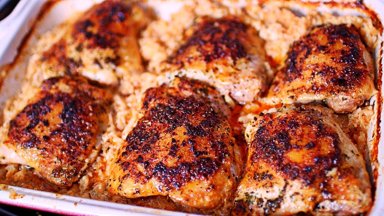 Easy Creamy Garlic Butter Baked Chicken Thighs and Rice Recipe