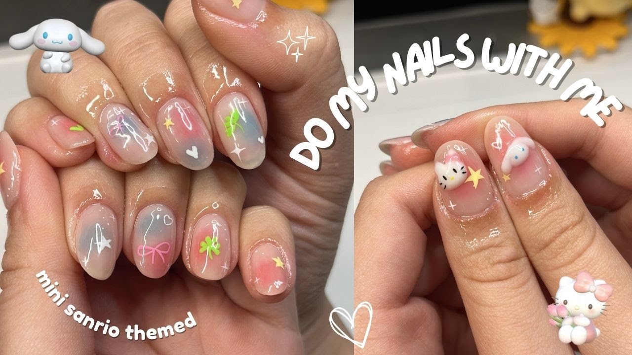 do my natural nails with me ₊˚⊹ ᰔ ✶⋆.˚sanrio themed short nails, no talking, asmr, self nail, simple