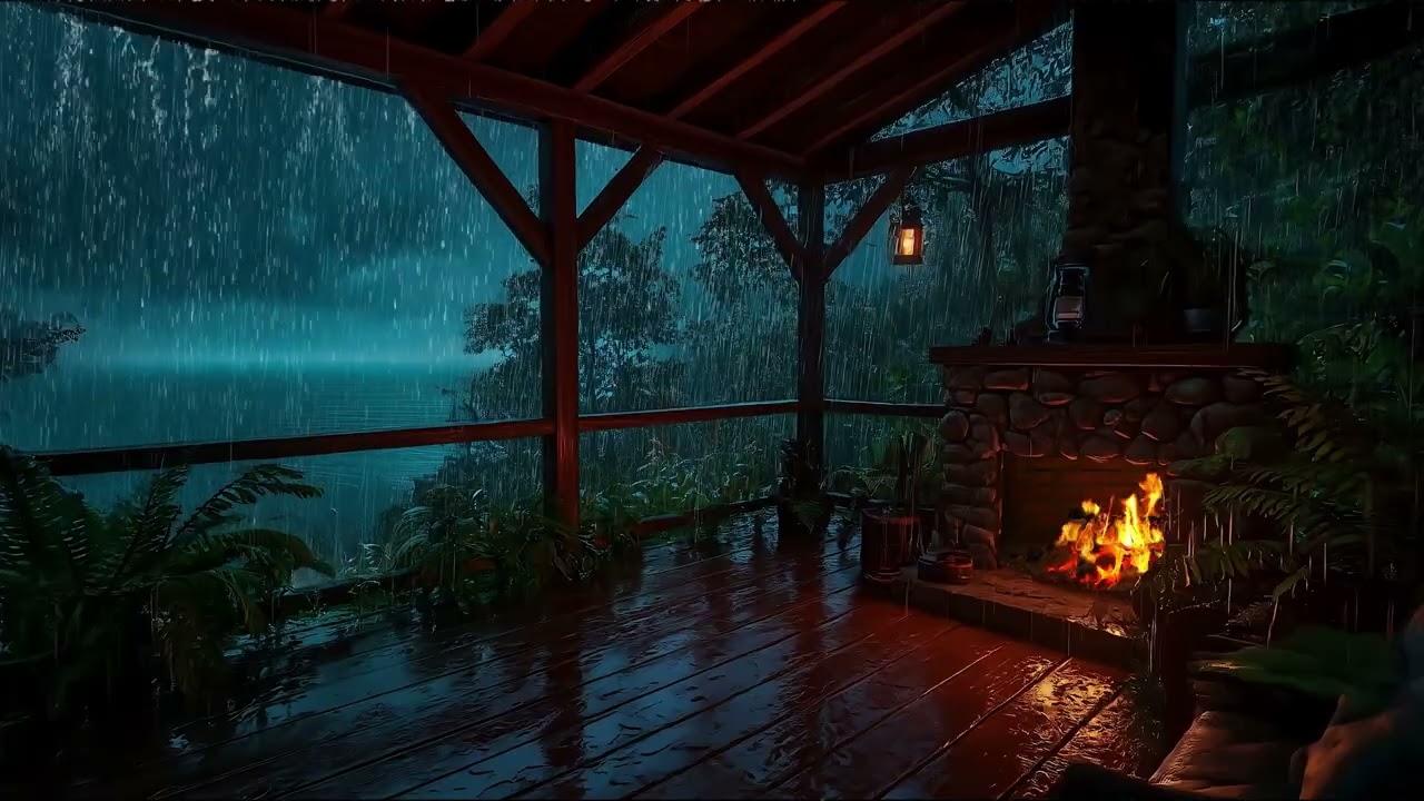 Heavy Rain on Forest Porch by the Lake ⛈️ Fireplace & Thunder Sounds for Deep Sleep | No Ads