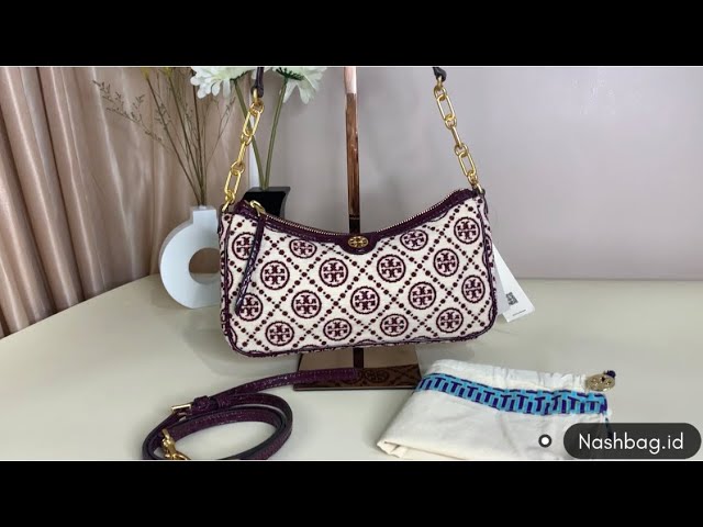 T MONOGRAM JACQUARD MINI BARREL CROSSBODY BAG, HAZELNUT COLOR