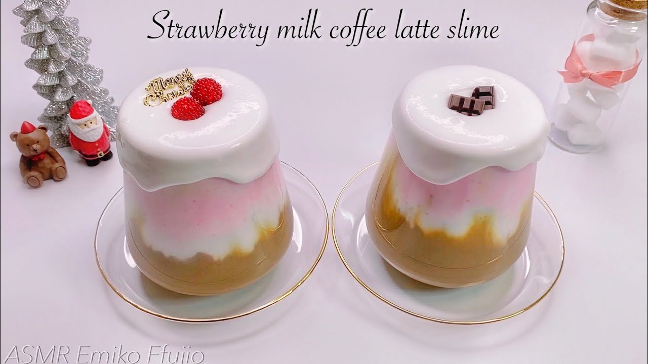 ASMR】🍓クリスマス3色カフェラテスライム☕️【音フェチ】Strawberry