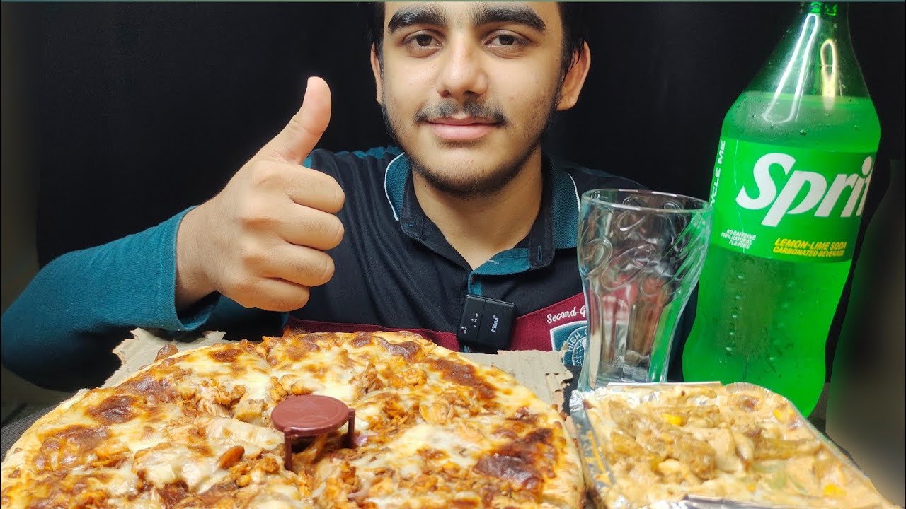 ASMR EATING CHEESY CHICKEN PIZZA CHICKEN PIZZA FRIES SPRITE ASMR
