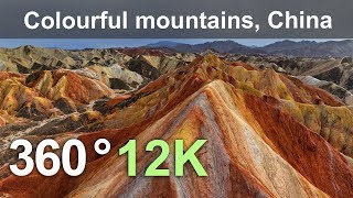 China, Colourful mountains of the Zhangye Danxia Geopark, 12K aerial 360 video