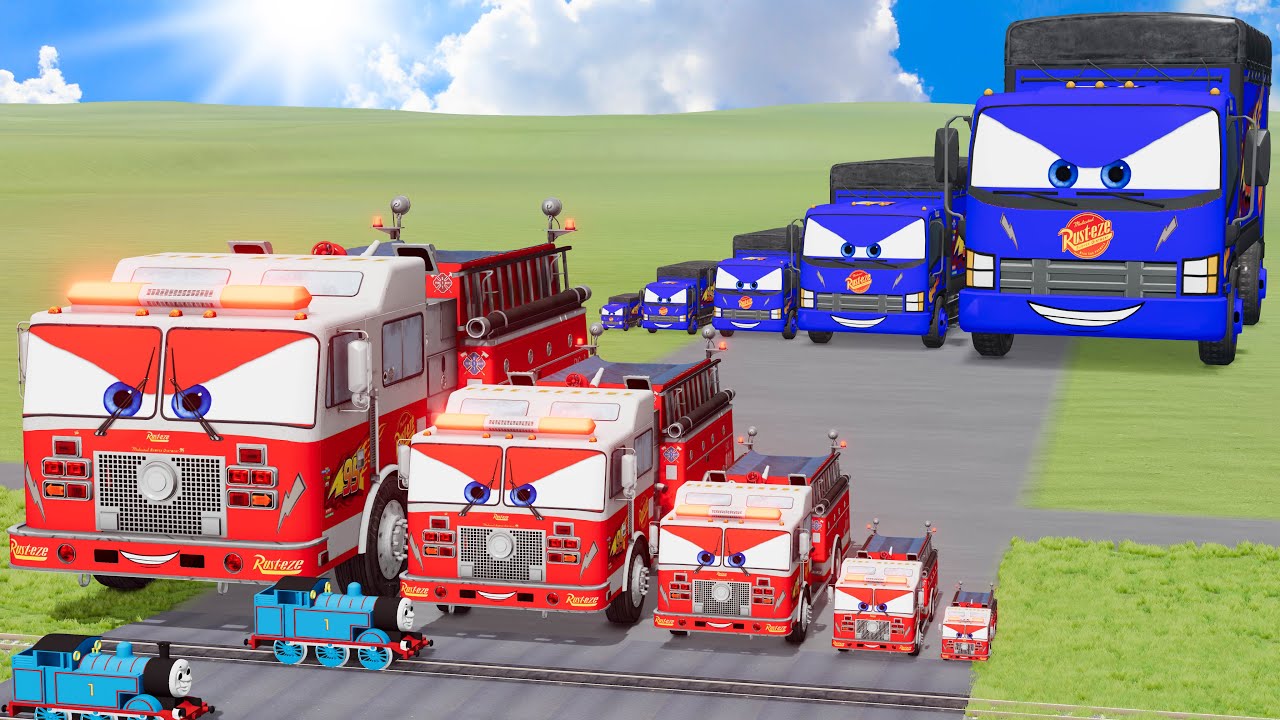 Big & Small Red Fire Truck Lightning Mcqueen vs Blue Truck Lightning Mcqueen vs Train | BeamNG.Drive