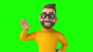 3D Character Wearing Glasses and Yellow Shirt Waving Hand | Green Screen VFX
