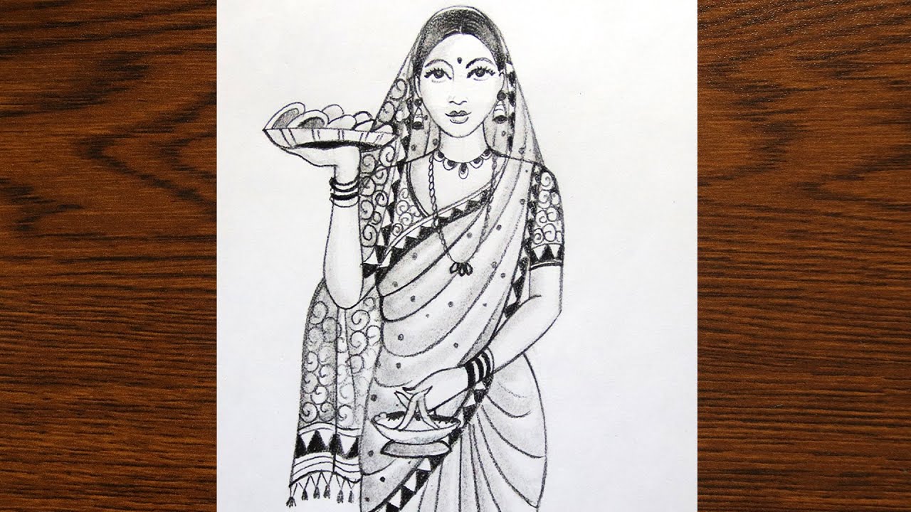 How to draw a Traditional Girl with Puja Thali Easy Girl drawing