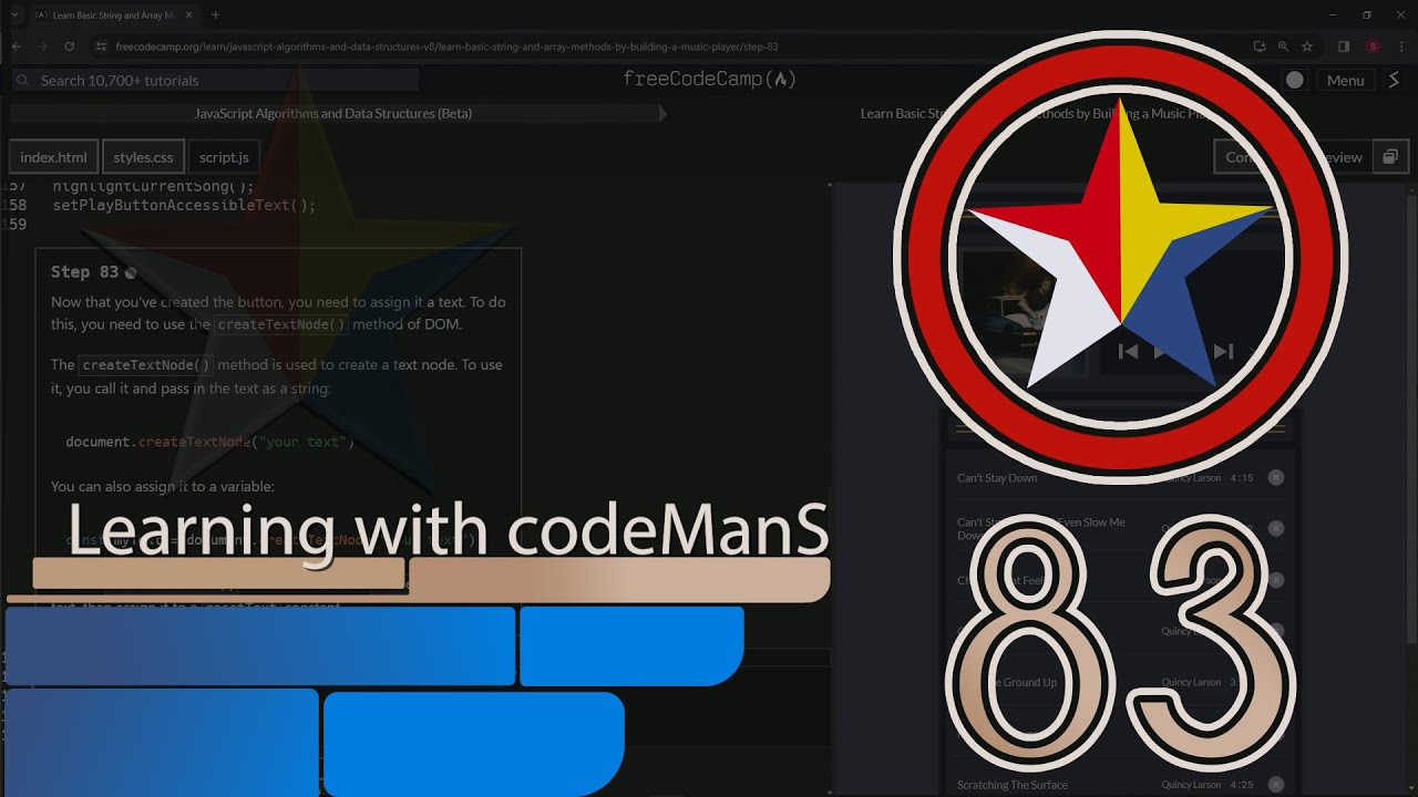 Learn Basic String and Array Methods by Building a Music Player - Step 83 | freeCodeCamp | (Beta)