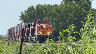 65-70 mph BNSF Stack train ( Slows down )! BNSF Transcon:  Marceline sub..8/16/25