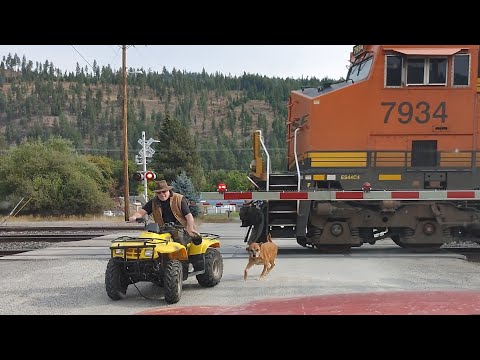 CRAZY GUY on ATV Almost Hit by Train