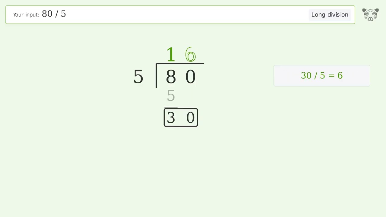 80/5 Long Division — Step-by-Step | Tiger Algebra Solver - YouTube