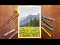 Oil Pastel Painting 04 | mountain, trees, and flowers