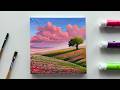 How to Paint a Dreamy Flower Field &amp; Pink Clouds | Acrylic Landscape Tutorial