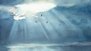 Watercolor painting of birds and sun rays above the sea