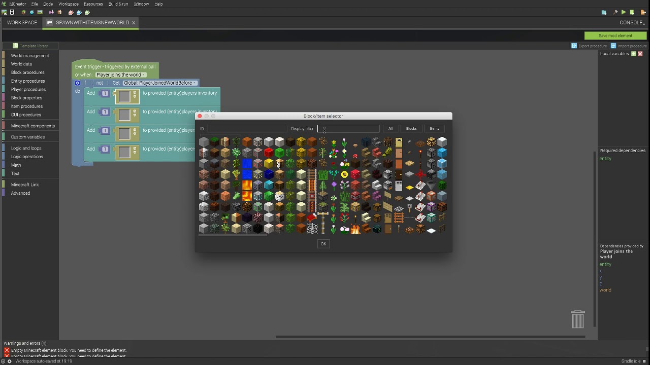 MCreator Spawn With Items Upon Creating a New World [In under 1 minute!]