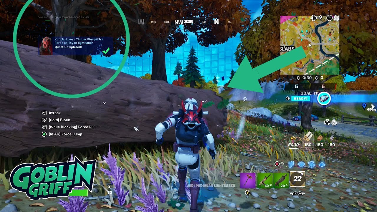 How to Knock down a Timber Pine with a Force ability or lightsaber | Fortnite