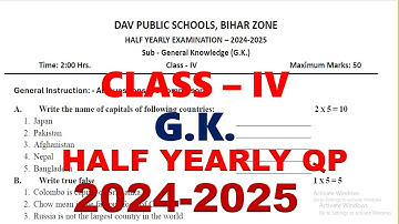 DAV CLASS 4 G.K. HALF YEARLY QUESTION PAPER | QUESTION PAPER | PREVIOUS YEAR QUESTION PAPER