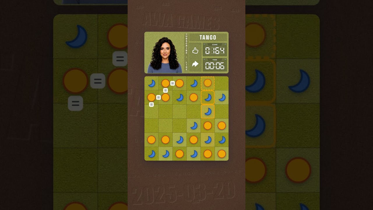 LinkedIn Tango #164 solved board for March 20, 2025, 6x6 grid