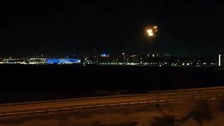 Вид на ночную Стрелку с Борского моста (стадион, Чкаловская лестница, Нижегородский Кремль)