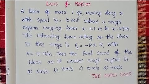 Een blok met een massa van 1 kg dat zich langs x beweegt met een snelheid vi=10 m/s komt in een r...