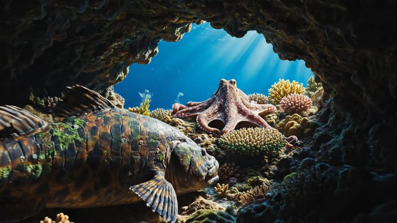 Giant Grouper and Colossal Octopus in Coral Shadows