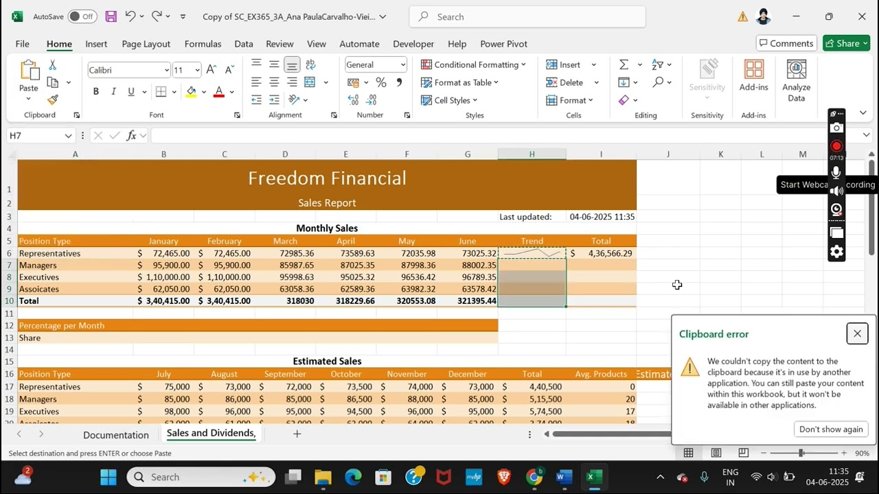 Excel Module 3 SAM Project A | Freedom Financial | CREATE A SALES REPORT 