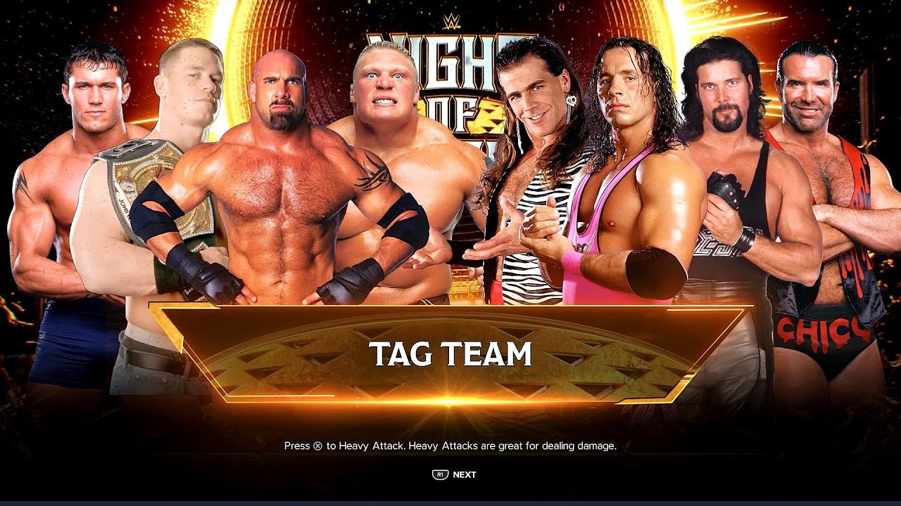 Goldberg + Cena + Lesnar + Orton vs. Bret Hart + Diesel + HBK + Scott Hall | 4v4 Tag Team | WWE 2K24