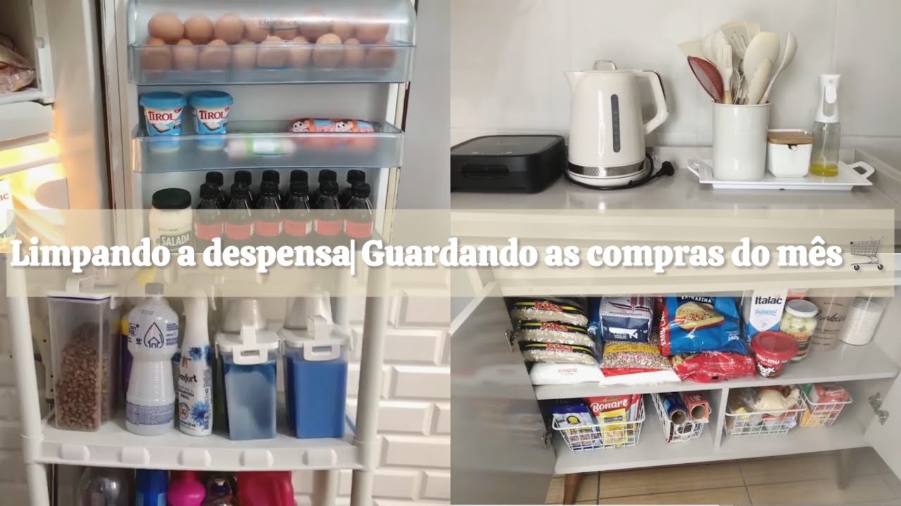 Limpando o armário dos mantimentos| Organizando as compras do mês no armário e na geladeira.