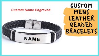 Mens Leather Beaded Bracelets - Custom Logo Name Engrave Leather Bracelet