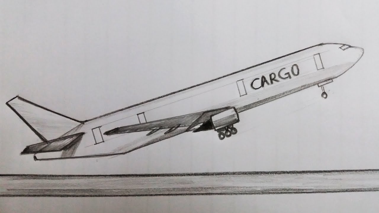 Plane drawing sketch easy| Cargo Boeing 777 drawing takeoff view| How