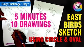 5 Minutes 10 Birds Drawing Easy Tricks using Circle and Oval Shape :Daily Challange Day :1 screenshot 5