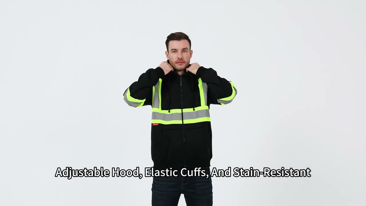 ProtectX Black Zippered High Visibility Hoodie Safety Reflective Sweatshirt with Large Pockets