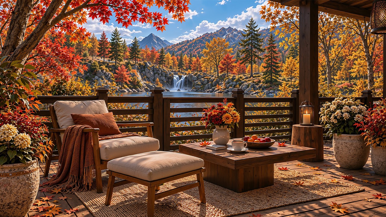 Warm Fall Retreat Jazz 🍂 Smooth Autumn Jazz With Waterfall Sounds For Work & Study