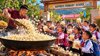 A GIANT PAN OF POPCORN | Sharing Happiness with Mountain Schoolchildren | Living in the Forest.