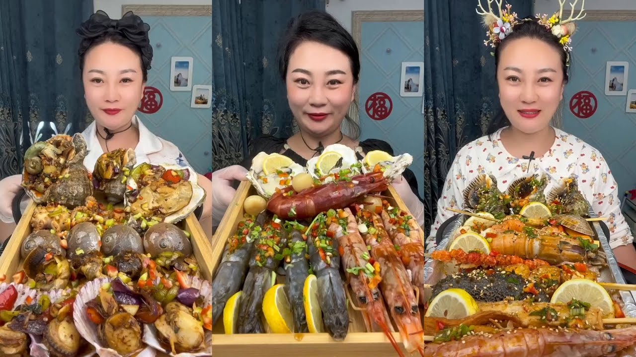 Chinese mukbang Seafood with shrimp, crab, snails, and salmon 새우, 게, 달팽이, 연어가 들어간 해산물 접시