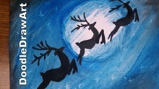 Drawing: How To Draw and Paint Reindeer in the night sky- Moonlight Scene - Step by Step http://www.youtube.com/user/DoodleDrawArt Watch in HD:Join me and draw this beautiful Christmas silhouette. Paints I used: http://