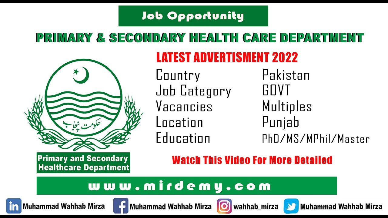 Primary and Secondary Healthcare Department Jobs 2022 in Punjab