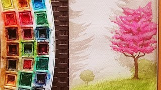 تعليم الرسم بالالوان المائية : كيف ترسم منظر طبيعي شجر وردي و عشب ~ المنظور  اللوني