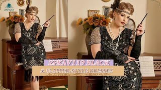 Women 1920s Plus Size Dress Black Golden Beaded Sequins Gatsby Dress with Fringes | Zapaka