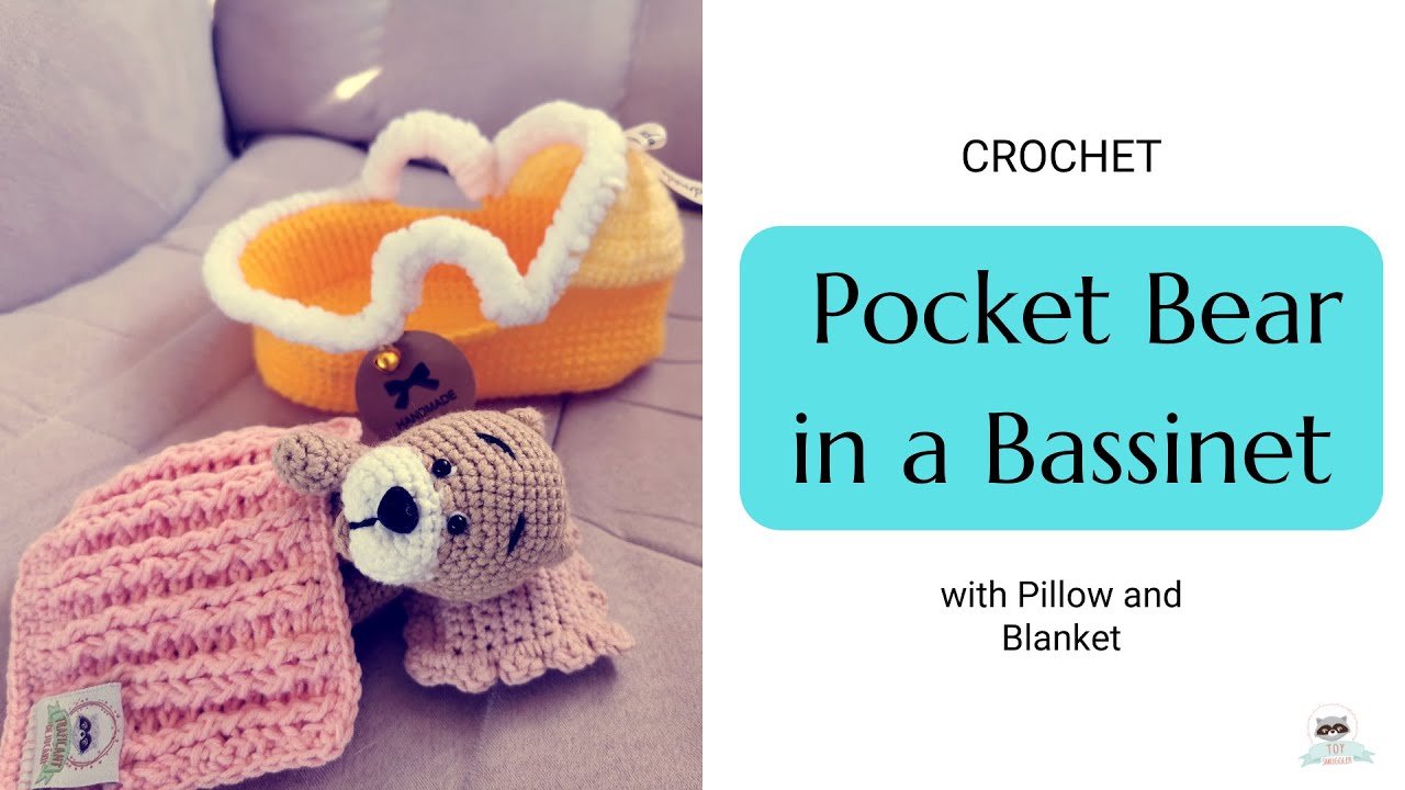 Pocket Bear in Bassinet. Crochet amigurumi pattern to a small 12cm long bear. FREE toy pattern